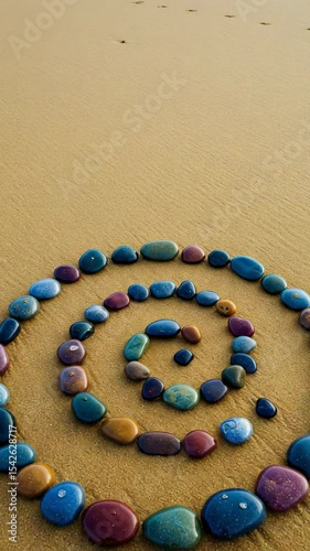 Colorful Spiral Stone Arrangement on Sandy Beach Surface with Vibrant Pebbles for Home Decor or Creative Art