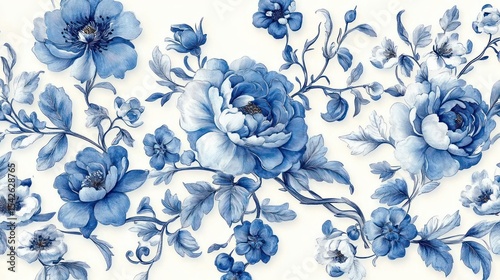 Detailed artistic illustration of various blooming blue flowers with leaves and stems on a light background, evoking elegance and calmness
