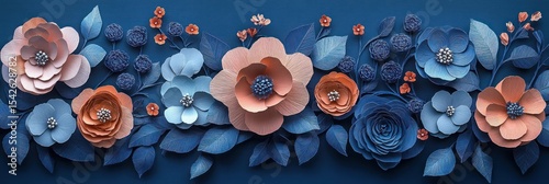 Arrangement of layered paper flowers and leaves in shades of blue and peach against a dark blue background evoking elegance and calmness