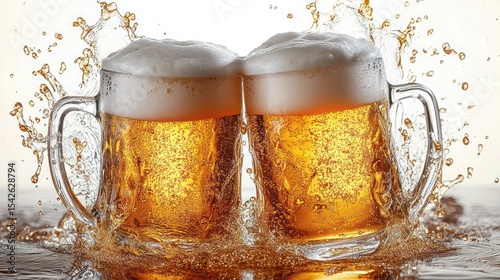 Two frothy beer mugs clinking together with splashing liquid and bubbles creating a celebratory and lively atmosphere