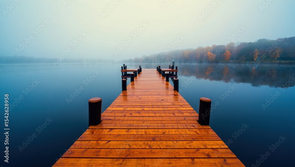 Obraz premium Serene Morning Lake View: Wooden Dock, Calm Water, Foggy Horizon, Peaceful Nature Scene - Ideal for Relaxation and Escape Concepts