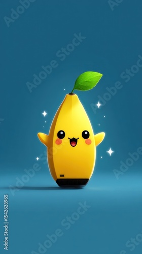 Cute yellow fruit character against a gradient blue background