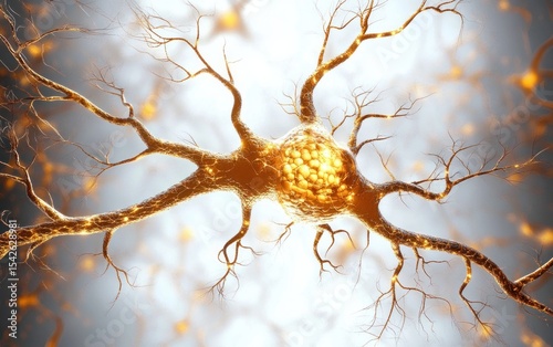 Detailed close-up of a neuron cell with multiple dendrites glowing in golden light against a bright blurred background