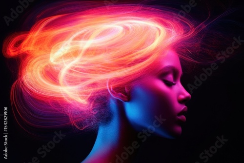 Profile of a woman with closed eyes illuminated by vibrant swirling neon lights resembling fiery hair against dark background, evoking a sense of calm and mystique