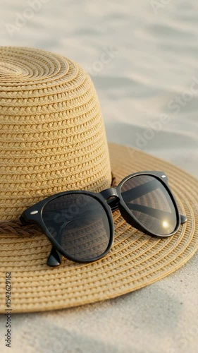 Stylish Black Sunglasses on a Woven Straw Hat Perfect for Summer Beach Vacation