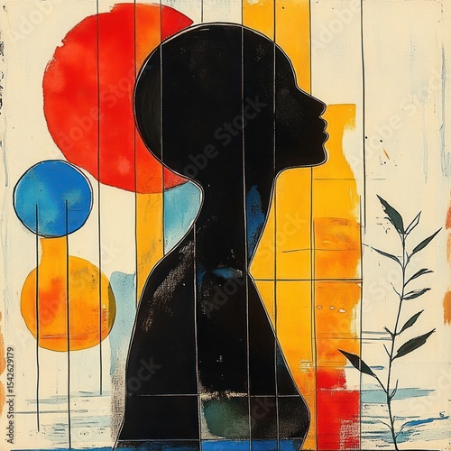 Silhouette of a person gazing upward with colorful abstract background and a small plant on the side, evoking contemplation and calmness