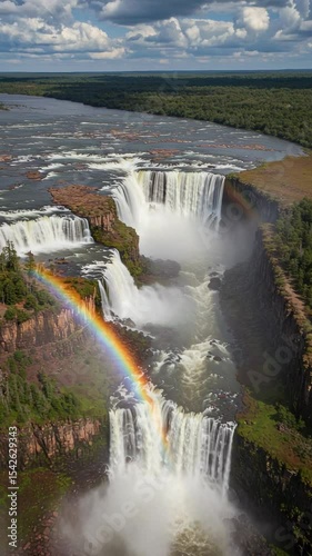 Stunning Aerial View of Multi-Tiered Waterfalls with Rainbow Effect in Lush Green Landscape