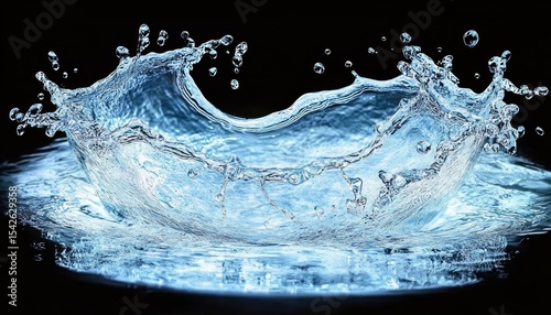 Close-up of a large water splash forming a crown shape with droplets suspended in midair against a black background