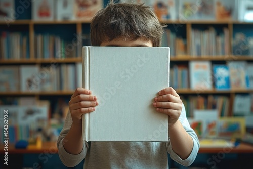 young child holding a blank hardcover book covering face in a cozy library setting with bookshelves in background