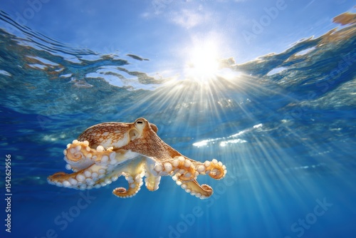 Underwater Scene Featuring a Majestic Octopus Swimming Gracefully Through Clear Blue Ocean Water Beneath a Bright Sunlit Surface with Beautiful Light Rays