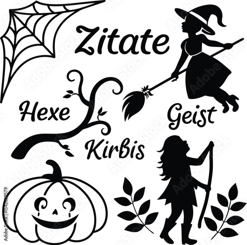 halloween witch spiderweb bat flying broom silhouette