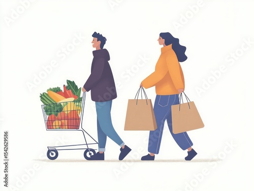 Two people walking side by side with one pushing a shopping cart full of groceries and the other carrying two shopping bags, showing a casual and lively shopping scene