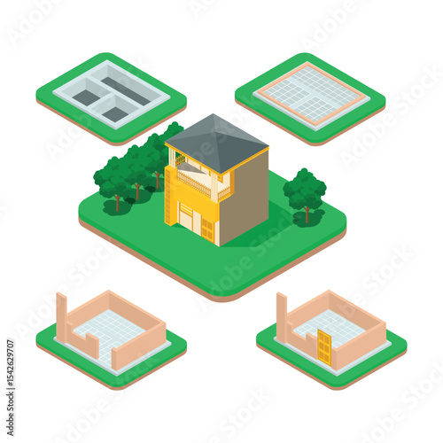 Isometric set stage-by-stage construction of a brick house. House building process. Foundation pouring, construction of walls, roof installation and landscape design vector illustration
