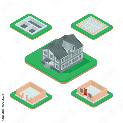 Isometric set stage-by-stage construction of a brick house. House building process. Foundation pouring, construction of walls, roof installation and landscape design vector illustration