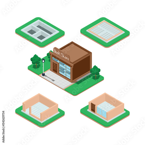 Isometric set stage-by-stage construction of a brick house. House building process. Foundation pouring, construction of walls, roof installation and landscape design vector illustration