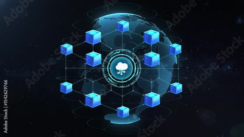 Global communication concept. Modern technology concept for cloud computing, Database, Datacenter, artificial intelligence, and blockchain technology with global and glowing background