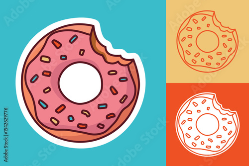 Pink frosted donut sticker with bite and sprinkle details