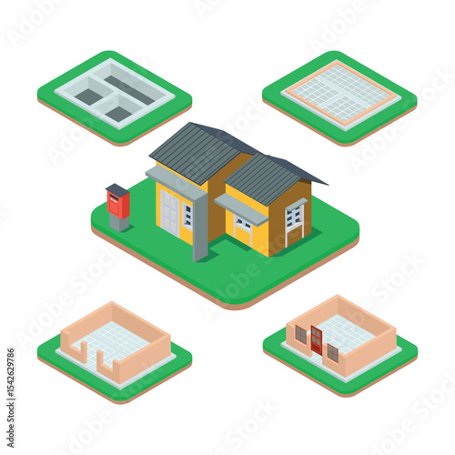 Isometric set stage-by-stage construction of a brick house. House building process. Foundation pouring, construction of walls, roof installation and landscape design vector illustration
