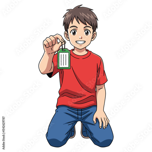 Young boy cartoon illustration holding a green tag, perfect for branding and advertising