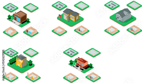 Isometric set stage-by-stage construction of a brick house. House building process. Foundation pouring, construction of walls, roof installation and landscape design vector illustration