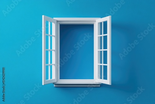 Open white window on bright blue wall