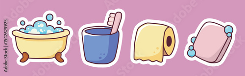 Cute hygiene and bathroom essentials sticker set featuring a bathtub with bubbles, toothbrush in cup, toilet paper roll, and soap bar with foam