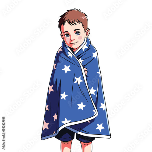 Cartoon Illustration of a Smiling Boy Wrapped in a Blue Blanket with White Stars