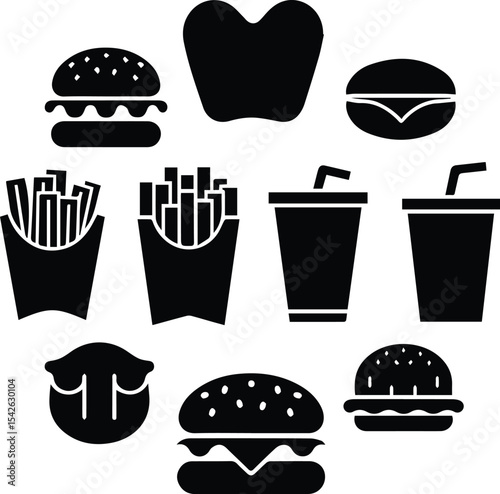 Simple Black and White Fast Food Icons sets of black silhouette icons representing various fast food items.  solid, filled, meal and snack symbols design.