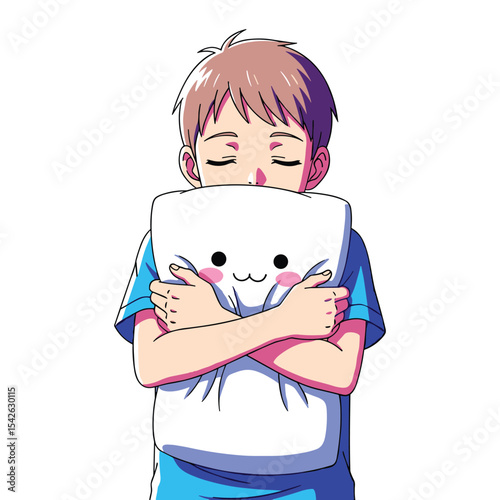Cute Anime Boy Hugging a Smiling Pillow: Adorable Illustration for Design and Content