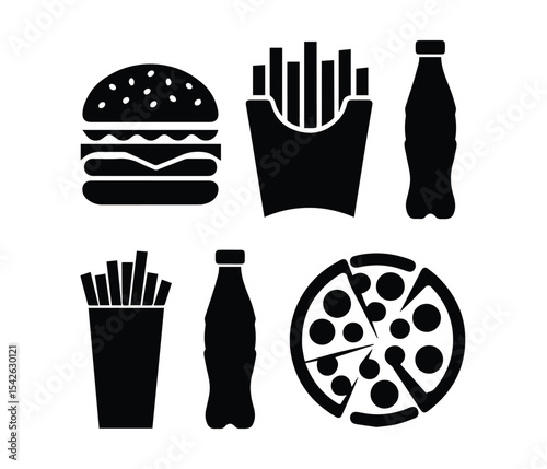 Simple Black and White Fast Food Icons sets of black silhouette icons representing various fast food items.  solid, filled, meal and snack symbols design.