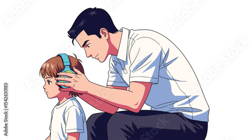 Father helping child with headphones, anime style illustration for digital media use