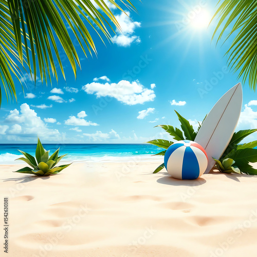 Sunlit Tropical Beach with Surfboard and Beach Ball
