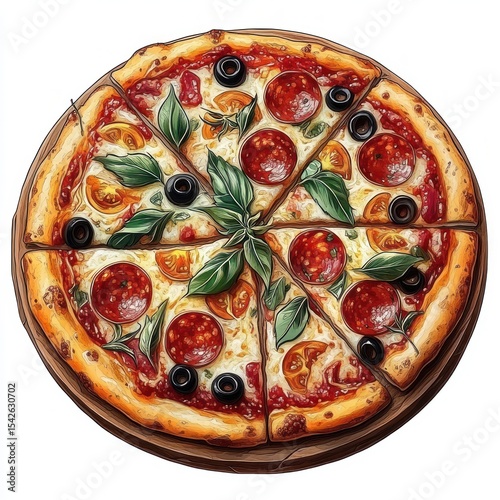 Delicious pepperoni pizza topped with olives, fresh green basil leaves, and slices of yellow tomato, featuring a golden crust and melted cheese on a wooden board