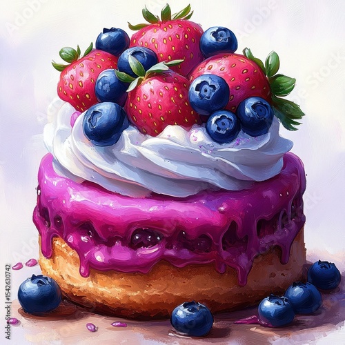 Close-up of a small cake with purple glaze, white whipped cream topping, and fresh strawberries and blueberries on top, surrounded by scattered blueberries
