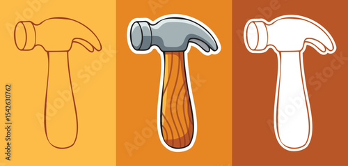 Three types of Cartoon Style Sticker of Hammer with Wood Handle