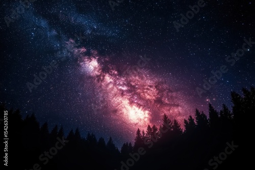 Vivid night sky filled with stars and the glowing Milky Way galaxy over a dark silhouette of pine trees creating a serene and awe-inspiring scene