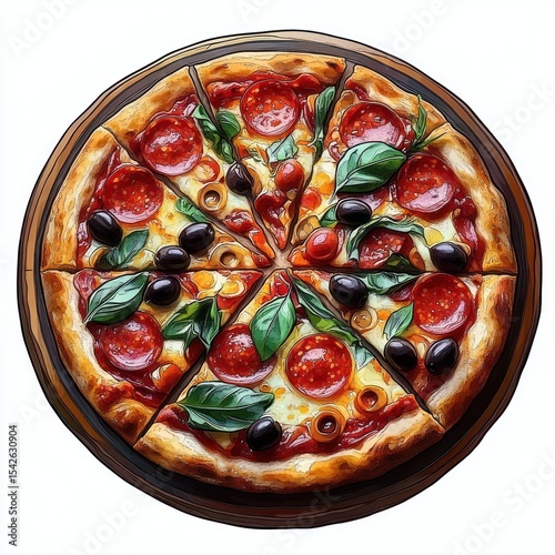 Whole pepperoni pizza topped with black olives, green basil leaves, and melted cheese on a wooden board, vibrant and appetizing
