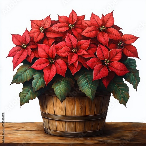 A vibrant wooden barrel planter filled with lush green leaves and bright red poinsettia flowers set on a wooden surface against a plain background