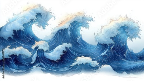 Artistic depiction of large ocean waves with white frothy crests and dynamic swirling water movement under a light sky