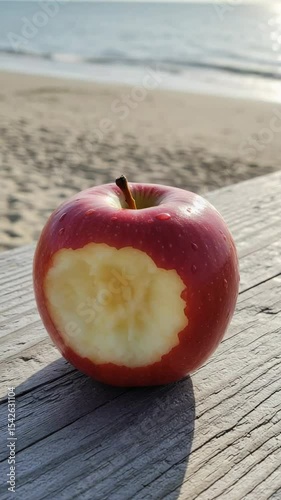 Fresh Red Apple with Bite Taken, Set Against Sandy Beach Background