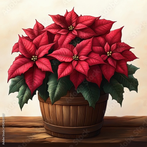 A vibrant red poinsettia plant with lush green leaves in a rustic wooden pot on a wooden surface