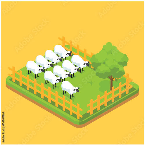 Production of wool material Isometric compositions with images of sheep eating on grass in the farm page vector illustratio