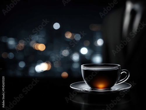 Wallpaper Mural A glass teacup sits on a saucer, in front of a blurry city night scene, with a dark-suited figure in the background Torontodigital.ca