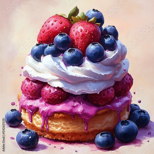 Close-up of a colorful dessert with whipped cream, fresh strawberries, blueberries, and a drizzle of purple sauce on a sponge cake