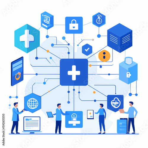 Blue and White Network System Diagram with People and Connected Icons Depicting a Complex Communication and Technological Interconnection in Modern Style