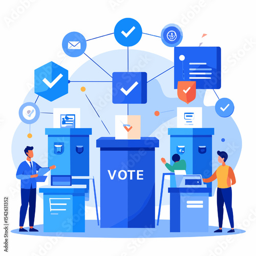 Blue Vote Box with People Casting Ballots in a Democratic Election Voting Process with Political Network Technology Online Illustration