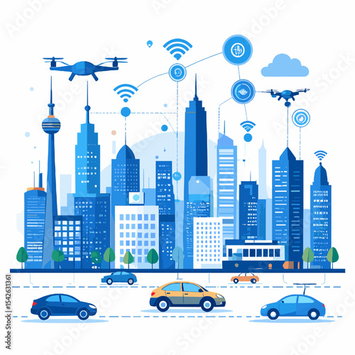 Blue Smart Cityscape with Drones and Autonomous Cars Vector Illustration