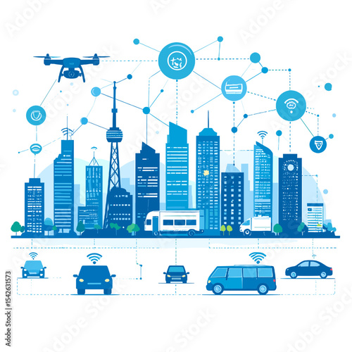 Connected Cityscape with Autonomous Vehicles and Drones Network in Blue Tones Digital Illustration of Modern Transportation Infrastructure and Communication Technology