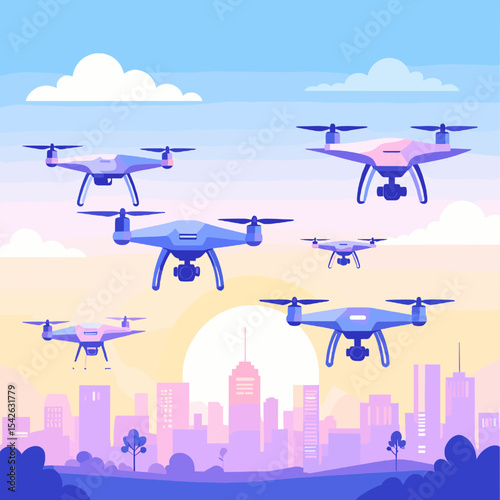 Group of Drones Flying Over a Purple and Blue Cityscape Against a Sunset Sky With Clouds Vector Graphic