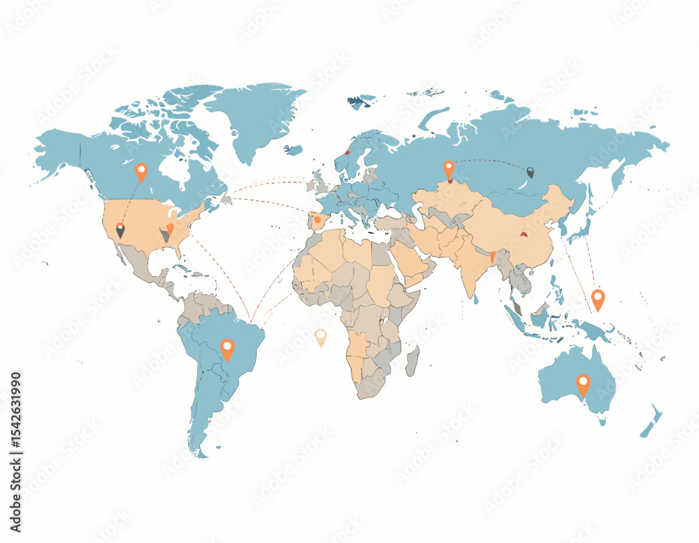 Fototapeta premium Pixelated World Map Depicting Global Connections and Locations on White Background with Orange and Blue Palette